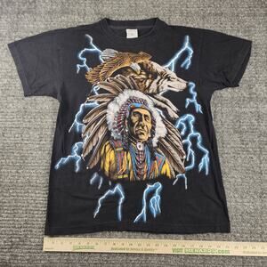 Vintage 90s Native American American Thunder Lightning Eagle Biker T Shirt L